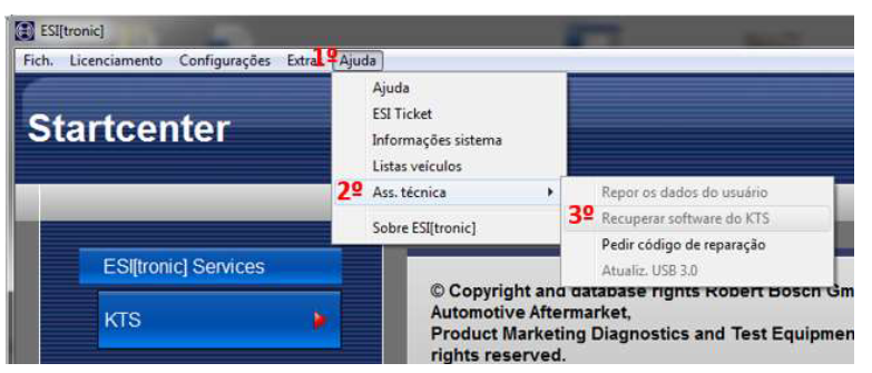 ESl(tronicl 
Fich. Lacenc.amento Ccnfigurasäes 
Startcenter 
ES(tronicl Services 
ESI Ticket 
Informasöes sistema 
Listas veiculos 
2 Q Ass. técnica 
Sob' e ESI(tronicl 
Repot OS dados dc usuano 
32 
Recuperat software dc KTS 
pedir COdigo de reparaøo 
use 3.0 
C Copyright and 
Automotive Aftermarket, 
Product Marketing Diagnostics and Test Equipmen 
rights reserved. 
